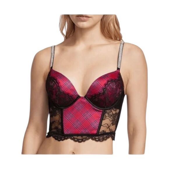 Victoria’s Secret Lipstick Red Plaid Bombshell Push-Up Corset Bra 34B - Picture 1 of 13